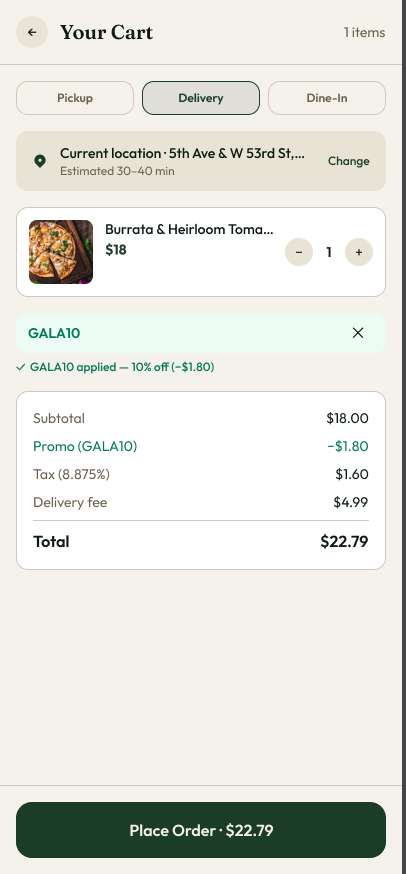 تصميم سلة Gala Dining مع اختيار التوصيل وصنف من القائمة وعرض ترويجي وإجمالي مفصل. مثال بالإنجليزية.